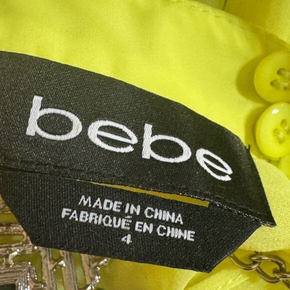 Bebe Dress Womens Sz 4 lime green High low gemstone neckline rhinestone Chiffon - Picture 8 of 14